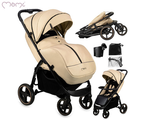 MoMi MIYA otroški voziček, zložljiv, nastavljiv, streha, 5-točkovni varnostni pas, košara, prevleka za noge, trpežna EVA kolesa, nožna zavora, +dodatki, 110x97x59cm, bež-črn