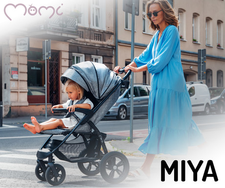MoMi MIYA otroški voziček, zložljiv, nastavljiv, streha, 5-točkovni varnostni pas, košara, prevleka za noge, trpežna EVA kolesa, nožna zavora, +dodatki, 110x97x59cm, bež-črn