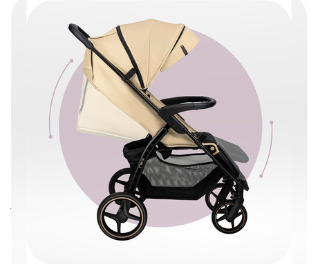 MoMi MIYA otroški voziček, zložljiv, nastavljiv, streha, 5-točkovni varnostni pas, košara, prevleka za noge, trpežna EVA kolesa, nožna zavora, +dodatki, 110x97x59cm, bež-črn