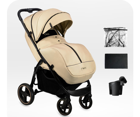 MoMi MIYA otroški voziček, zložljiv, nastavljiv, streha, 5-točkovni varnostni pas, košara, prevleka za noge, trpežna EVA kolesa, nožna zavora, +dodatki, 110x97x59cm, bež-črn