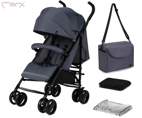MoMi AKIRA otroški voziček, zložljiv, nastavljiv, streha z oknom, 5-točkovni varnostni pas, košara, torba, trpežna EVA kolesa, nožna zavora, +dodatki, 102.5x80x51cm, sivo-črn