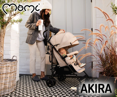 MoMi AKIRA otroški voziček, zložljiv, nastavljiv, streha z oknom, 5-točkovni varnostni pas, košara, torba, trpežna EVA kolesa, nožna zavora, +dodatki, 102.5x80x51cm, sivo-črn