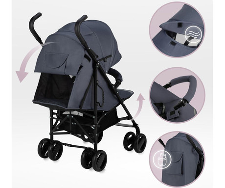 MoMi AKIRA otroški voziček, zložljiv, nastavljiv, streha z oknom, 5-točkovni varnostni pas, košara, torba, trpežna EVA kolesa, nožna zavora, +dodatki, 102.5x80x51cm, sivo-črn