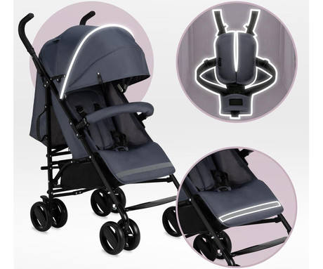 MoMi AKIRA otroški voziček, zložljiv, nastavljiv, streha z oknom, 5-točkovni varnostni pas, košara, torba, trpežna EVA kolesa, nožna zavora, +dodatki, 102.5x80x51cm, sivo-črn