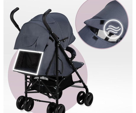 MoMi AKIRA otroški voziček, zložljiv, nastavljiv, streha z oknom, 5-točkovni varnostni pas, košara, torba, trpežna EVA kolesa, nožna zavora, +dodatki, 102.5x80x51cm, sivo-črn