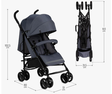 MoMi AKIRA otroški voziček, zložljiv, nastavljiv, streha z oknom, 5-točkovni varnostni pas, košara, torba, trpežna EVA kolesa, nožna zavora, +dodatki, 102.5x80x51cm, sivo-črn