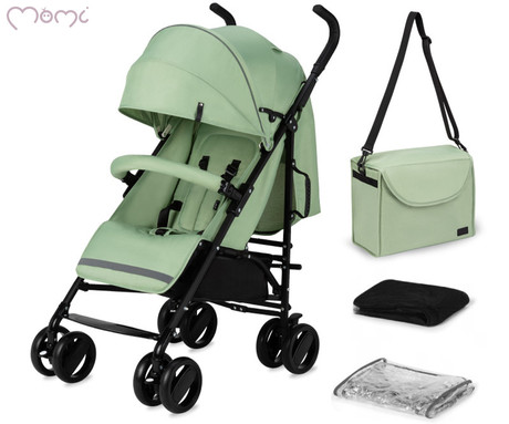 MoMi AKIRA otroški voziček, zložljiv, nastavljiv, streha z oknom, 5-točkovni varnostni pas, košara, torba, trpežna EVA kolesa, nožna zavora, +dodatki, 102.5x80x51cm, zeleno-črn