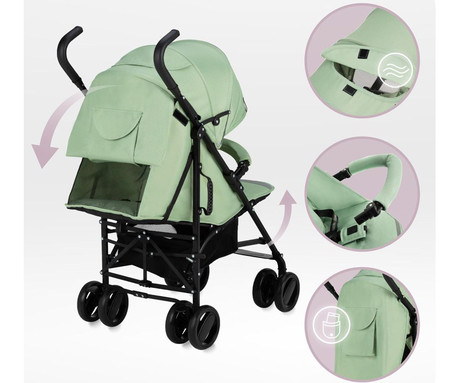 MoMi AKIRA otroški voziček, zložljiv, nastavljiv, streha z oknom, 5-točkovni varnostni pas, košara, torba, trpežna EVA kolesa, nožna zavora, +dodatki, 102.5x80x51cm, zeleno-črn