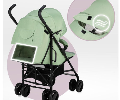 MoMi AKIRA otroški voziček, zložljiv, nastavljiv, streha z oknom, 5-točkovni varnostni pas, košara, torba, trpežna EVA kolesa, nožna zavora, +dodatki, 102.5x80x51cm, zeleno-črn