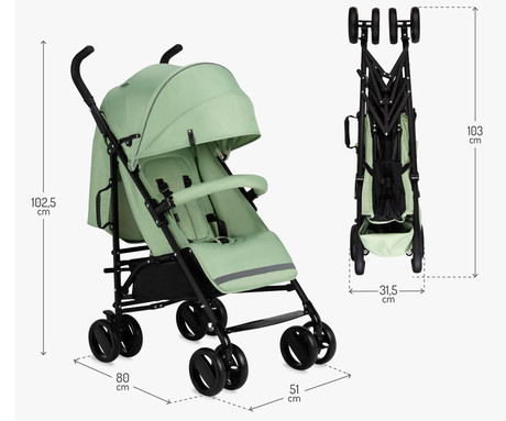 MoMi AKIRA otroški voziček, zložljiv, nastavljiv, streha z oknom, 5-točkovni varnostni pas, košara, torba, trpežna EVA kolesa, nožna zavora, +dodatki, 102.5x80x51cm, zeleno-črn