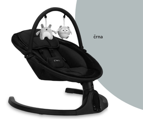 MoMi KENANI ONYX 2v1 otroški gugalnik / zibelka, električni, Bluetooth, 5 načinov zibanja, 10 melodij, časovnik, igrače, varnostni pasovi, zložljiv, +daljinec, črna