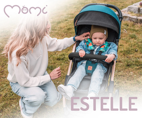 MoMi ESTELLE GOLD 2v1 otroški voziček, zložljiv, 6"+6.5" kolesa, nastavljiva strehica in naslonjalo, kroženje zraka, snemljiva ograja, varnostni pasovi, opora za noge, centralna zavora, črno-zlat