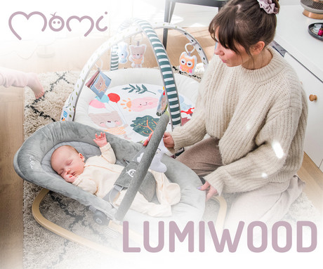MoMi LUMIWOOD STAR otroški gugalnik / zibelka, melodije, 3 stopnje vibriranja, igrače, varnostni pasovi, zložljiv, les, siva, rjava
