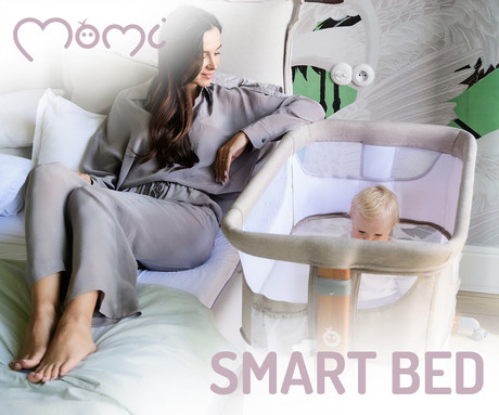 MoMi SMART BED 4v1 pametna otroška postelja, stajica, nastavljiva višina +  kot naklona, kroženje zraka, vhod z zadrgo, mreža za komarje, pasovi za pritrditev, žep, 95x88x55 cm, bež