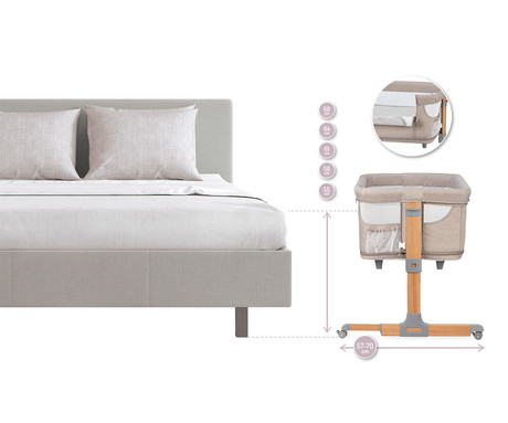 MoMi SMART BED 4v1 pametna otroška postelja, stajica, nastavljiva višina +  kot naklona, kroženje zraka, vhod z zadrgo, mreža za komarje, pasovi za pritrditev, žep, 95x88x55 cm, bež