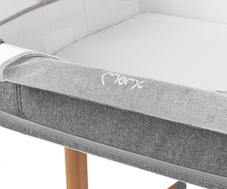 MoMi SMART BED 4v1 pametna otroška postelja, stajica, nastavljiva višina +  kot naklona, kroženje zraka, vhod z zadrgo, mreža za komarje, pasovi za pritrditev, žep, 95x88x55 cm, siva