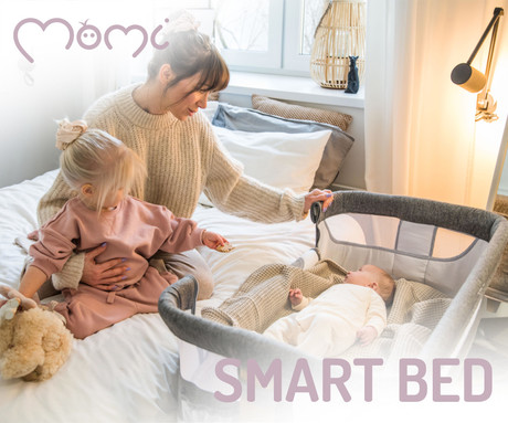 MoMi SMART BED 4v1 pametna otroška postelja, stajica, nastavljiva višina +  kot naklona, kroženje zraka, vhod z zadrgo, mreža za komarje, pasovi za pritrditev, žep, 95x88x55 cm, siva