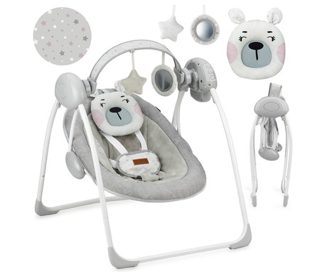 MoMi LISS otroški gugalnik / zibelka, medved, 5 stopenj hitrosti, 8 melodij, časovnik, igrače, varnostni pasovi, zložljiv, roza, siva