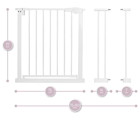 MoMi PAXI otroška ograja / pregrada, varnostna, 2x podaljšek, prilagodljiva velikost, dvojna ključavnica, samodejno zapiranje, odpiranje v obe smeri,  od 75 cm do 103 cm, bela