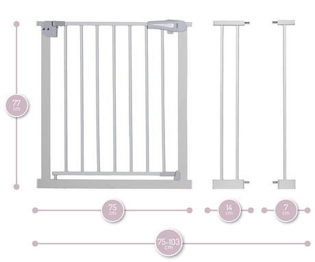 MoMi PAXI otroška ograja / pregrada, varnostna, 2x podaljšek, prilagodljiva velikost, dvojna ključavnica, samodejno zapiranje, odpiranje v obe smeri,  od 75 cm do 103 cm, siva