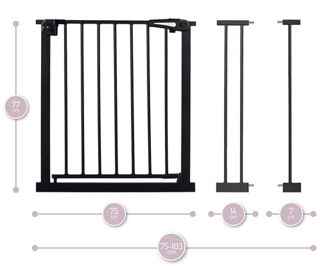 MoMi PAXI otroška ograja / pregrada, varnostna, 2x podaljšek, prilagodljiva velikost, dvojna ključavnica, samodejno zapiranje, odpiranje v obe smeri,  od 75 cm do 103 cm, črna