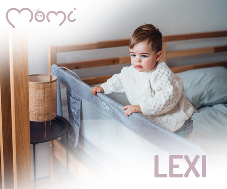 MoMi LEXI XL otroška ograja za posteljo, varovalna, univerzalna namestitev, zaščita pred premikanjem, namestitveni trakovi, zračna mrežica, žep, 180° odpiranje, 148 x 64 x 30 cm, svetlo siva