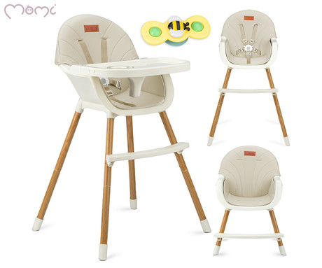 MoMi REKI 3v1 otroški stol, za hranjenje, podpora hrbta, opora za noge, varnostni pasovi, nastavljiv dvojni pladenj, držalo za skodelico, igrača, enostavno čiščenje, 93-67.5x60x54cm, bež