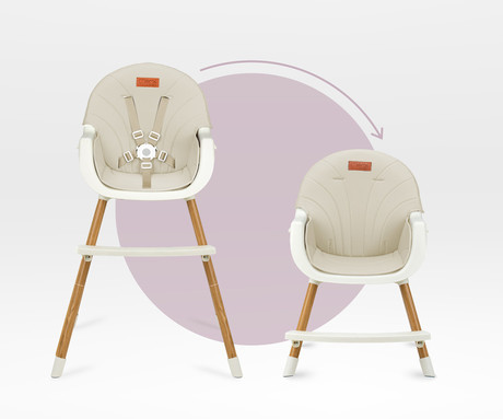 MoMi REKI 3v1 otroški stol, za hranjenje, podpora hrbta, opora za noge, varnostni pasovi, nastavljiv dvojni pladenj, držalo za skodelico, igrača, enostavno čiščenje, 93-67.5x60x54cm, bež