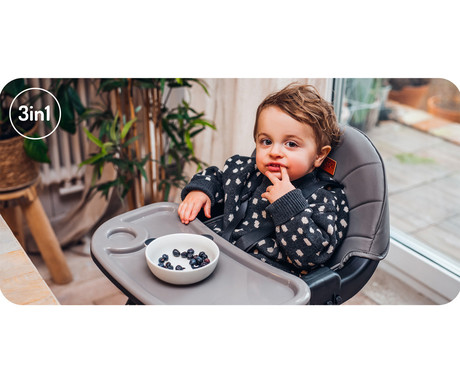 MoMi REKI 3v1 otroški stol, za hranjenje, podpora hrbta, opora za noge, varnostni pasovi, nastavljiv dvojni pladenj, držalo za skodelico, igrača, enostavno čiščenje, 93-67.5x60x54cm, bež