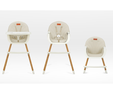 MoMi REKI 3v1 otroški stol, za hranjenje, podpora hrbta, opora za noge, varnostni pasovi, nastavljiv dvojni pladenj, držalo za skodelico, igrača, enostavno čiščenje, 93-67.5x60x54cm, bež