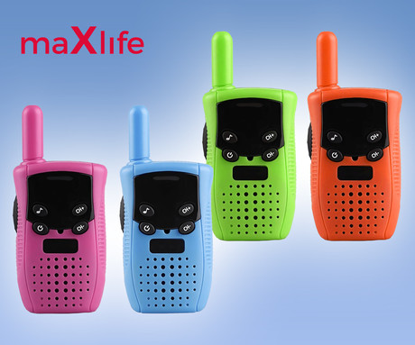 MAXLIFE MXWT-100 walkie talkie komplet, 2-KIT, do 300m, 3 kanali, LCD zaslon, gumbi, zvočnik, mikrofon, 105x45x30 mm, roza, modra