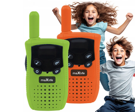 MAXLIFE MXWT-100 walkie talkie komplet, 2-KIT, do 300m, 3 kanali, LCD zaslon, gumbi, zvočnik, mikrofon, 105x45x30 mm, roza, modra