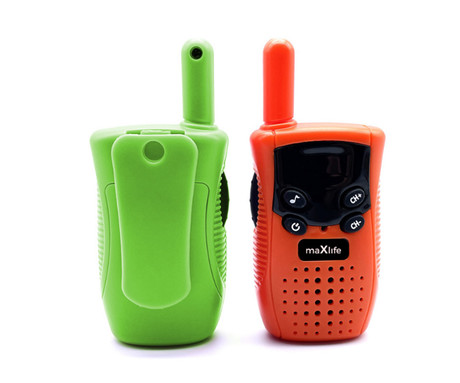 MAXLIFE MXWT-100 walkie talkie komplet, 2-KIT, do 300m, 3 kanali, LCD zaslon, gumbi, zvočnik, mikrofon, 105x45x30 mm, oranžna, zelena