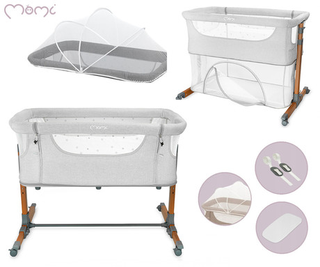 MoMi SMART BED 2.0 4v1 pametna otroška postelja, stajica, nastavljiva višina +  kot naklona, kroženje zraka, vhod z zadrgo, mreža za komarje, pasovi za pritrditev, žep, 95x88x55cm, svetlo siva