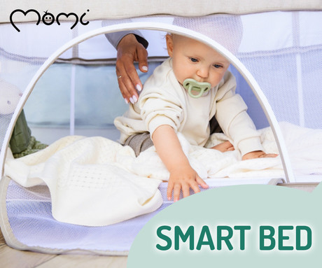MoMi SMART BED 2.0 4v1 pametna otroška postelja, stajica, nastavljiva višina +  kot naklona, kroženje zraka, vhod z zadrgo, mreža za komarje, pasovi za pritrditev, žep, 95x88x55cm, svetlo siva