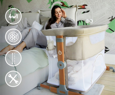 MoMi SMART BED 2.0 4v1 pametna otroška postelja, stajica, nastavljiva višina +  kot naklona, kroženje zraka, vhod z zadrgo, mreža za komarje, pasovi za pritrditev, žep, 95x88x55cm, svetlo siva