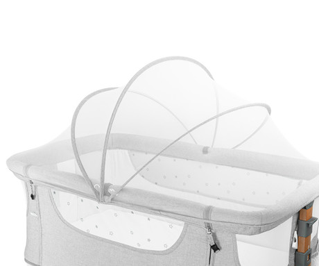 MoMi SMART BED 2.0 4v1 pametna otroška postelja, stajica, nastavljiva višina +  kot naklona, kroženje zraka, vhod z zadrgo, mreža za komarje, pasovi za pritrditev, žep, 95x88x55cm, svetlo siva