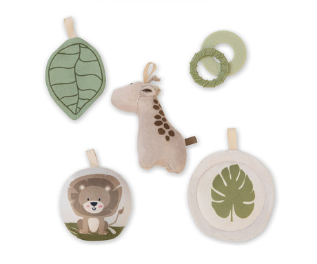 MoMi LUANI otroška igralna podloga, izobraževalna, mehki materiali, velika površina, 2 loka z obeski, 4 senzorične igrače, 2 grizali, 93x93x55cm, večbarvna