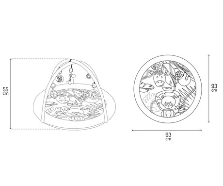 MoMi LUANI otroška igralna podloga, izobraževalna, mehki materiali, velika površina, 2 loka z obeski, 4 senzorične igrače, 2 grizali, 93x93x55cm, večbarvna
