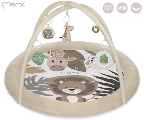 MoMi LUANI otroška igralna podloga, izobraževalna, mehki materiali, velika površina, 2 loka z obeski, 4 senzorične igrače, 2 grizali, 93x93x55cm, večbarvna