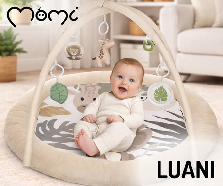 MoMi LUANI otroška igralna podloga, izobraževalna, mehki materiali, velika površina, 2 loka z obeski, 4 senzorične igrače, 2 grizali, 93x93x55cm, večbarvna