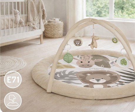 MoMi LUANI otroška igralna podloga, izobraževalna, mehki materiali, velika površina, 2 loka z obeski, 4 senzorične igrače, 2 grizali, 93x93x55cm, večbarvna