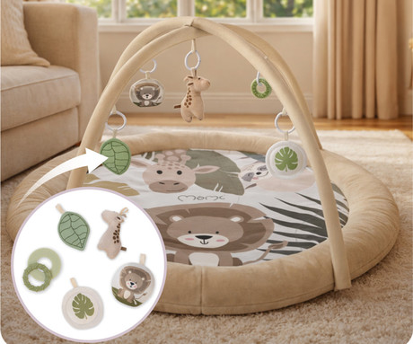 MoMi LUANI otroška igralna podloga, izobraževalna, mehki materiali, velika površina, 2 loka z obeski, 4 senzorične igrače, 2 grizali, 93x93x55cm, večbarvna