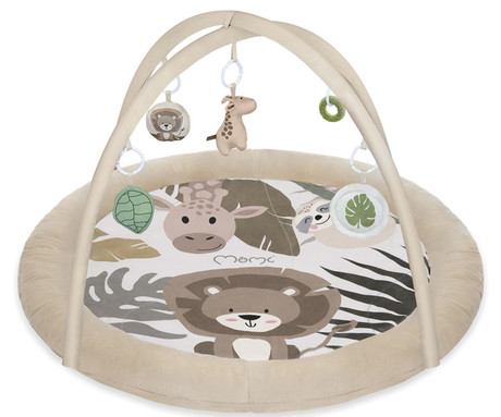 MoMi LUANI otroška igralna podloga, izobraževalna, mehki materiali, velika površina, 2 loka z obeski, 4 senzorične igrače, 2 grizali, 93x93x55cm, večbarvna